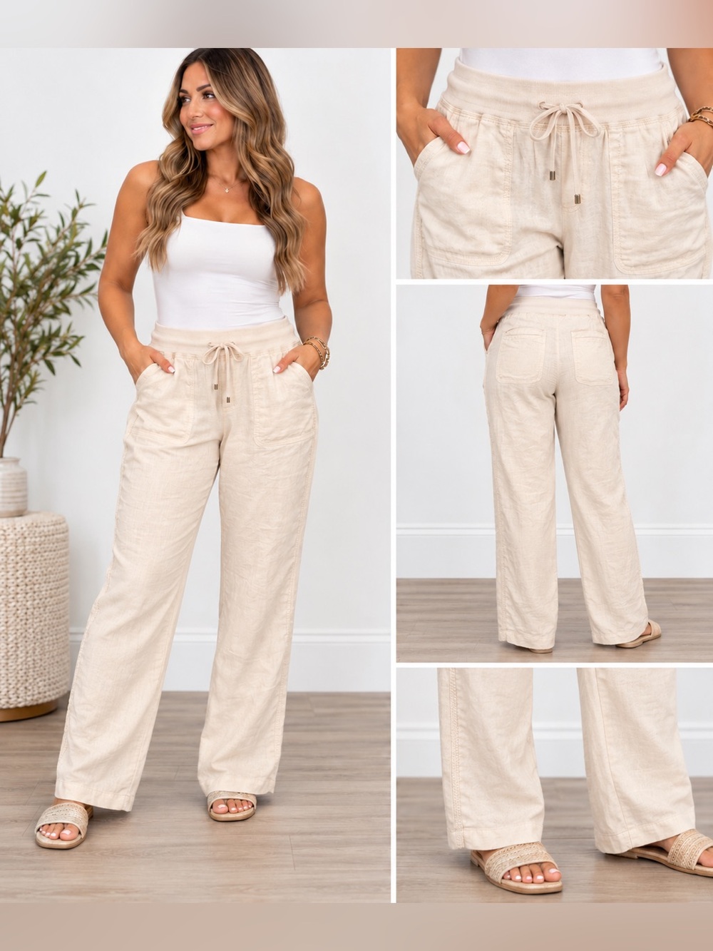 Tommy Hilfiger Women's Linen Drawstring beige Casual Pants size 12
